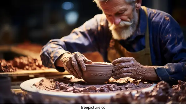 A potter is making a bowl out of clay on a pottery wheel.