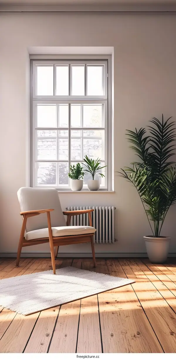 Minimalist Living Room Design with a White Chair and Plants