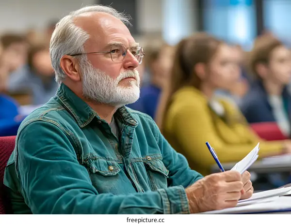 Attentive Senior Man Listening and Taking Notes in Class