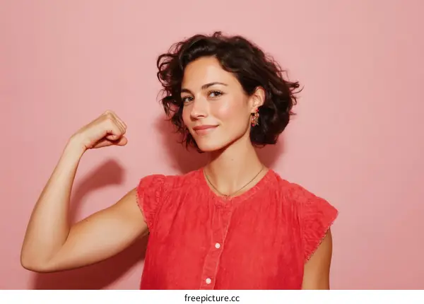 Woman Powering Up in a Red Dress