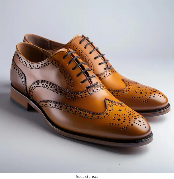 A pair of brown leather shoes with brogue detailing