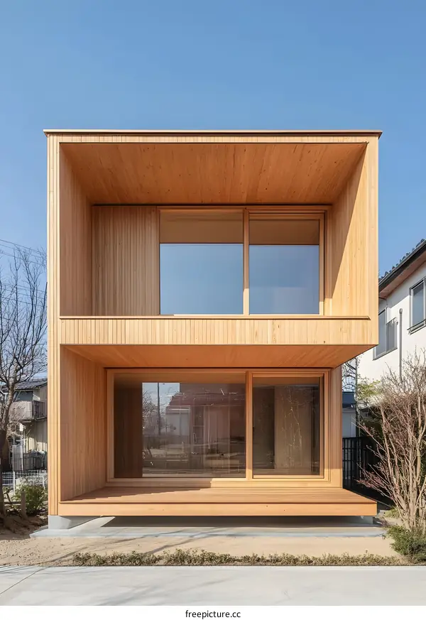 Modern Wooden House with Large Windows and a Deck