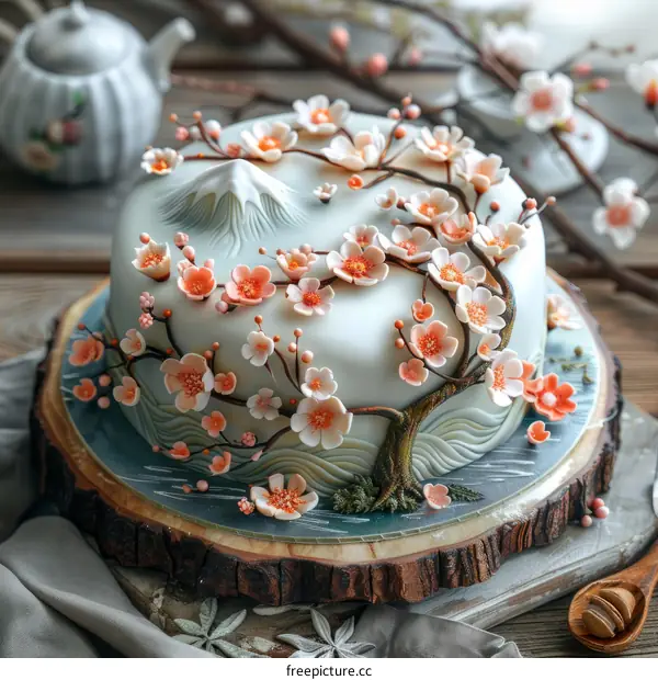 A cake decorated with pink cherry blossoms and a mountain