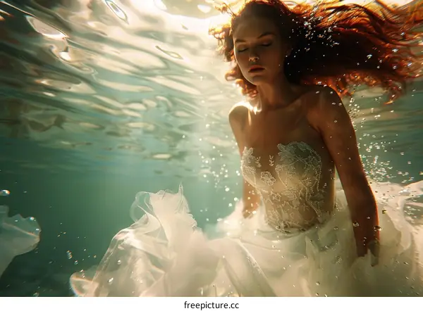 Portrait of a Woman in a White Dress Floating Underwater