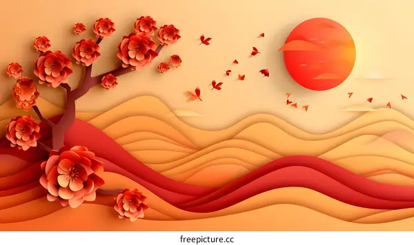 Red Paper Cut Flower and Sun Landscape