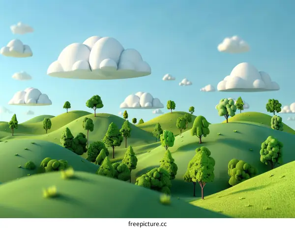 Cartoon Green Hills Landscape with Trees and Clouds