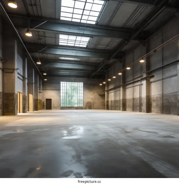 Large empty warehouse interior with concrete walls and large windows