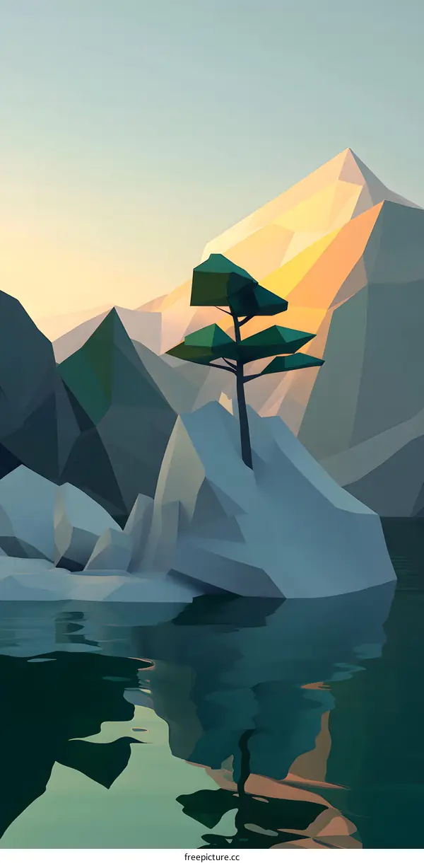 Low Poly Mountain Landscape With a Single Tree