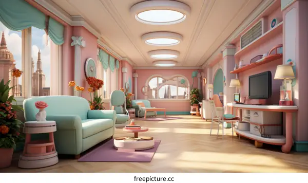 retro futuristic living room interior design