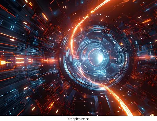 Abstract Futuristic Digital Tunnel with Orange and Blue Lights