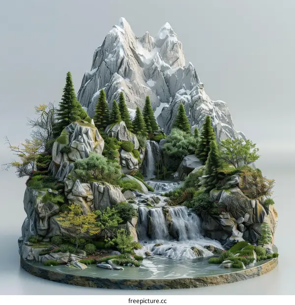 Mountain Landscape with Waterfall and Lush Greenery