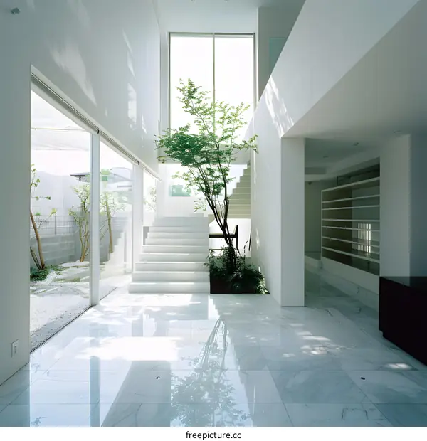 Modern Minimalist Interior Design With White Walls, Marble Flooring, and Greenery