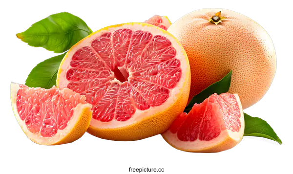 [Transparent Background PNG]Fresh Ripe Grapefruits With Green Leaves Isolated On White Background