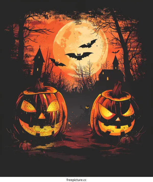 Two Spooky Pumpkins in a Dark Forest with Bats at Night