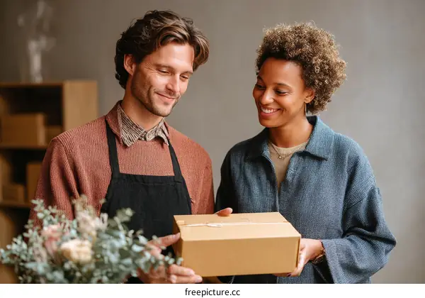 Two people exchanging gift box