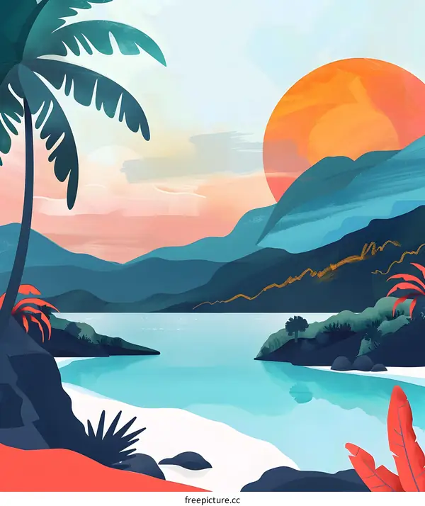 Tropical Sunset Landscape with Palm Trees and Mountains