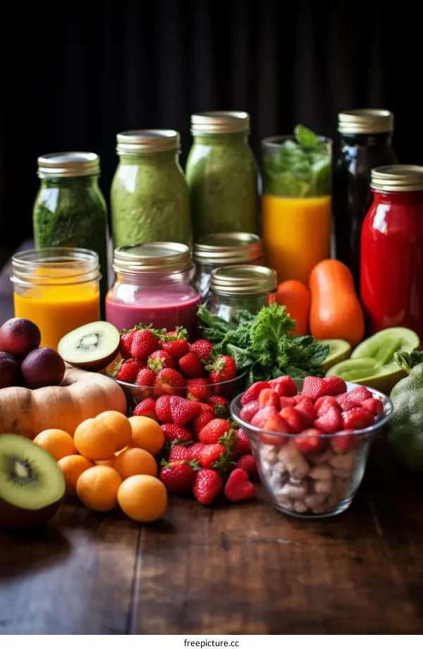 A variety of fruits and vegetables on a wooden table
