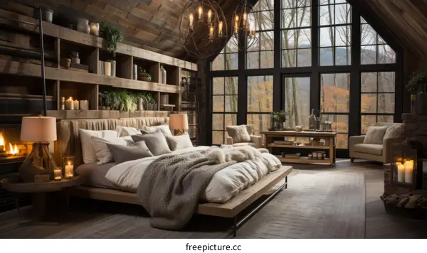 Cozy Mountain Cabin Bedroom with Fireplace and Forest View