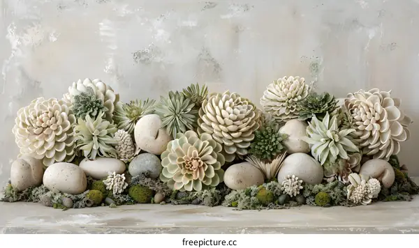 Succulents and Stones Arrangement on Gray Background