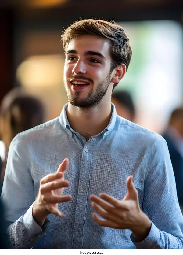 Young Man in Blue Shirt Talking and Gesturing