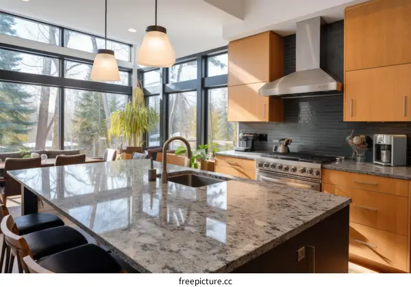 Modern kitchen with large windows and island
