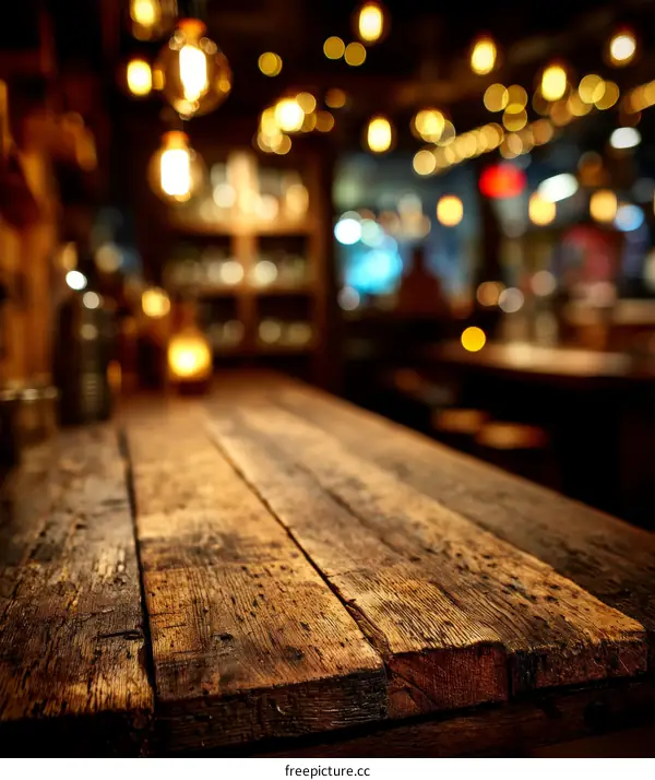 Rustic Wooden Bar Top in a Nightclub Ambiance