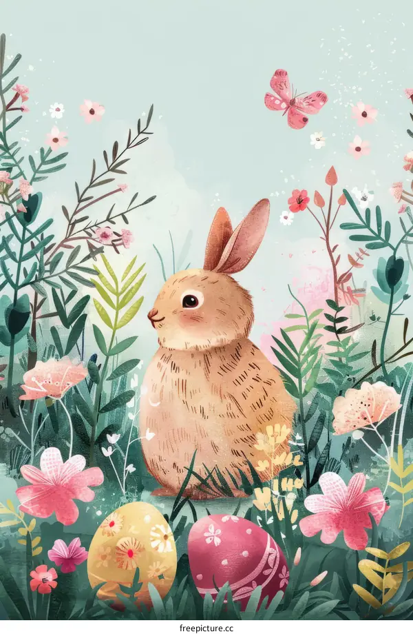 Cute bunny rabbit in a field of flowers and Easter eggs