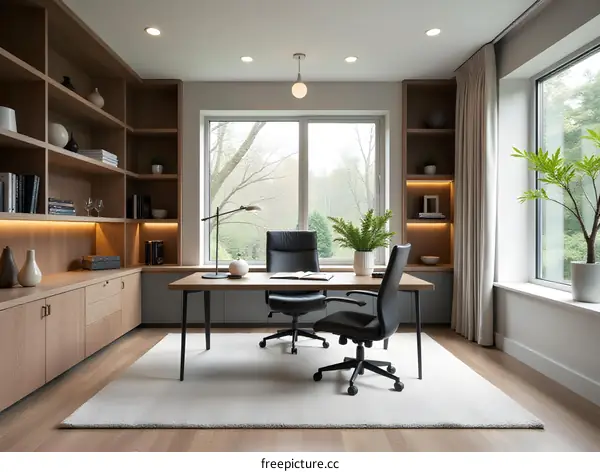 Modern Wooden Home Office with Large Windows