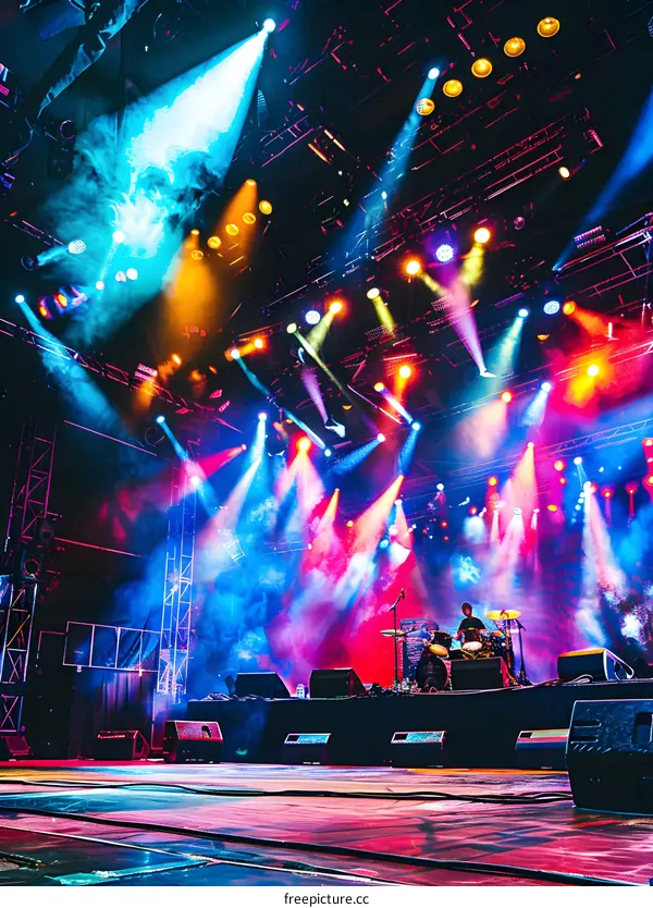 Concert Stage With Bright Lights And Fog