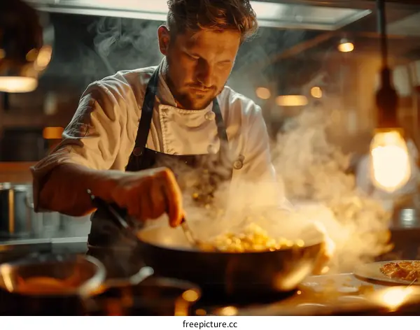 Focused male chef cooking pasta in a pan