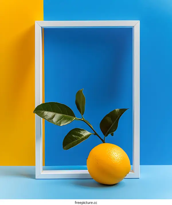 Lemon with Green Leaves in White Frame Against Blue and Yellow Background