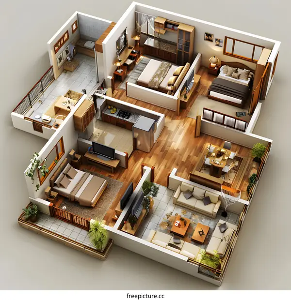 An apartment with three bedrooms and two living rooms