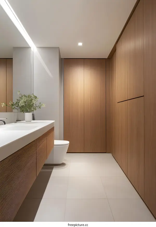 Modern Bathroom Interior Design With Wooden Cabinets and White Tile Floor