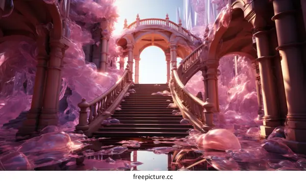 Pink Surreal Architecture: Dreamy Stairs and Grand Columns