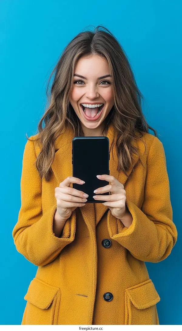 Excited Woman Holding Phone Against Blue Background