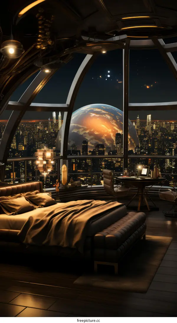 futuristic bedroom interior design with a large window overlooking a city at night