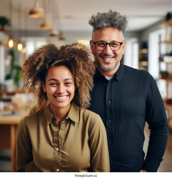 Portrait of two smiling business professionals standing in a modern office