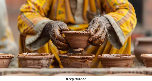 Indian potter making clay pots by hand