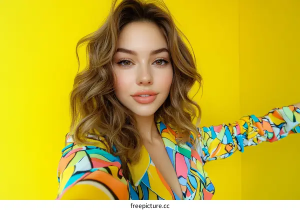 Young Woman in Colorful Jacket against Yellow Background