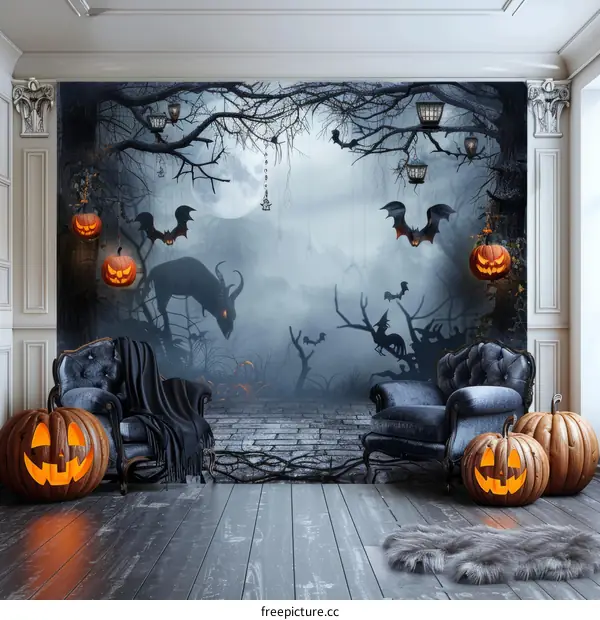 A dark and spooky forest with a full moon and a creepy creature