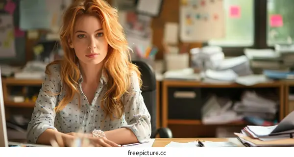 Focused Woman in a Busy Office Setting