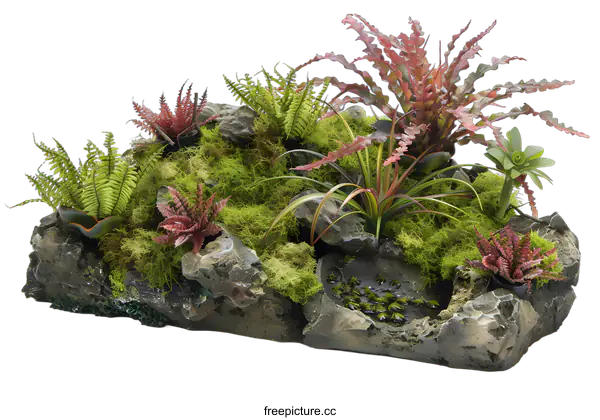 [Transparent Background PNG]Artificial Rock Garden With Ferns and Moss