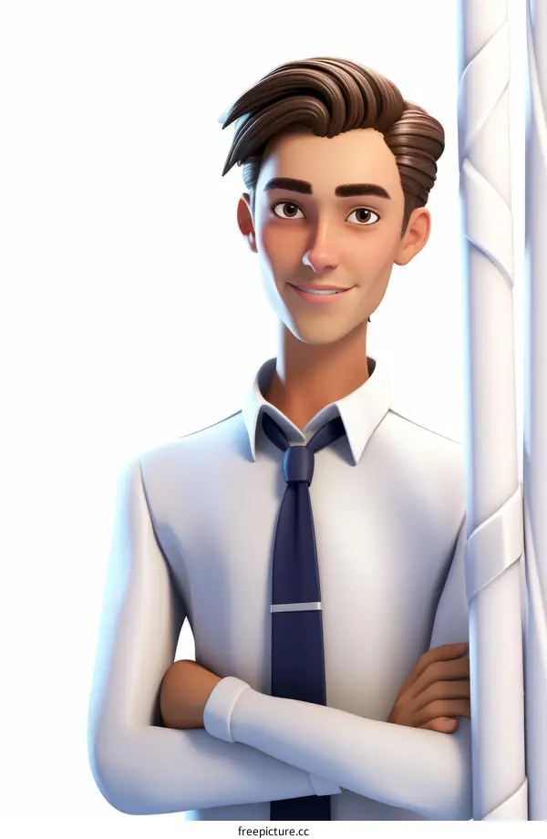 A young man in a white shirt and tie is smiling.