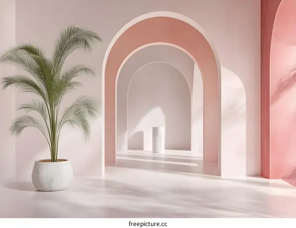 Minimalist Pink Archway Interior Design With Palm Tree