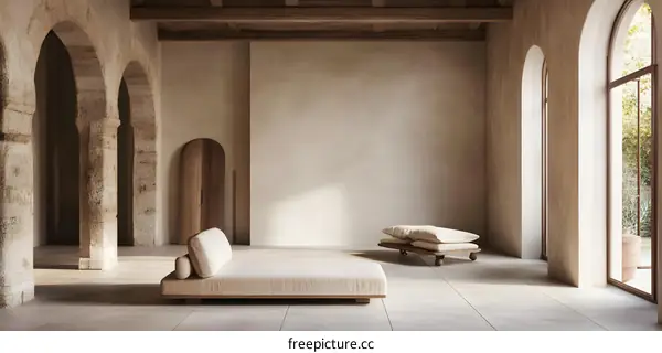 Minimalist Interior Design with Stone Arches and Wooden Beams