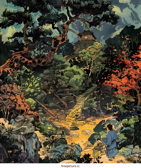 Japanese Garden Illustration with Man