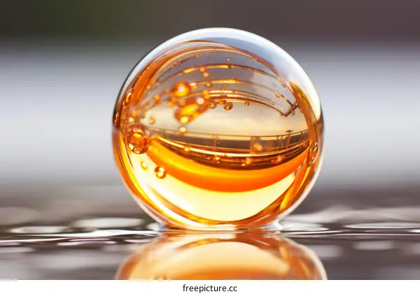 Close-up of a glass ball with a reflection of the sun inside
