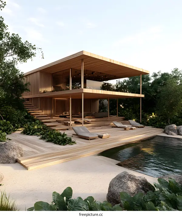 Modern Wooden House with Pool and Tropical Plants