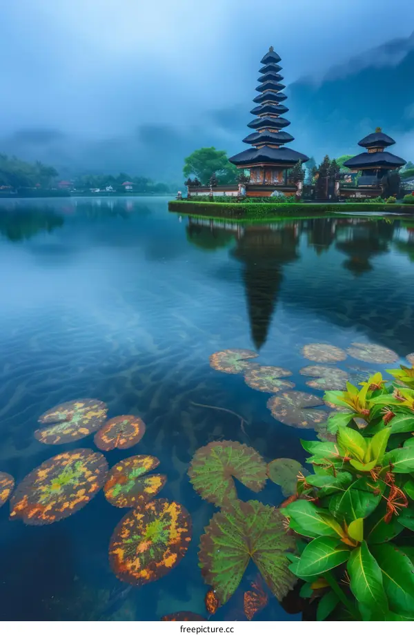 Serene Lake Temple at Dawn