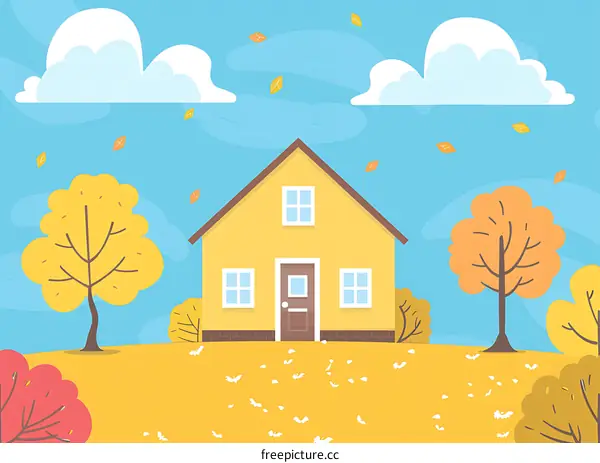 Yellow House with Trees and Falling Leaves Autumn Illustration